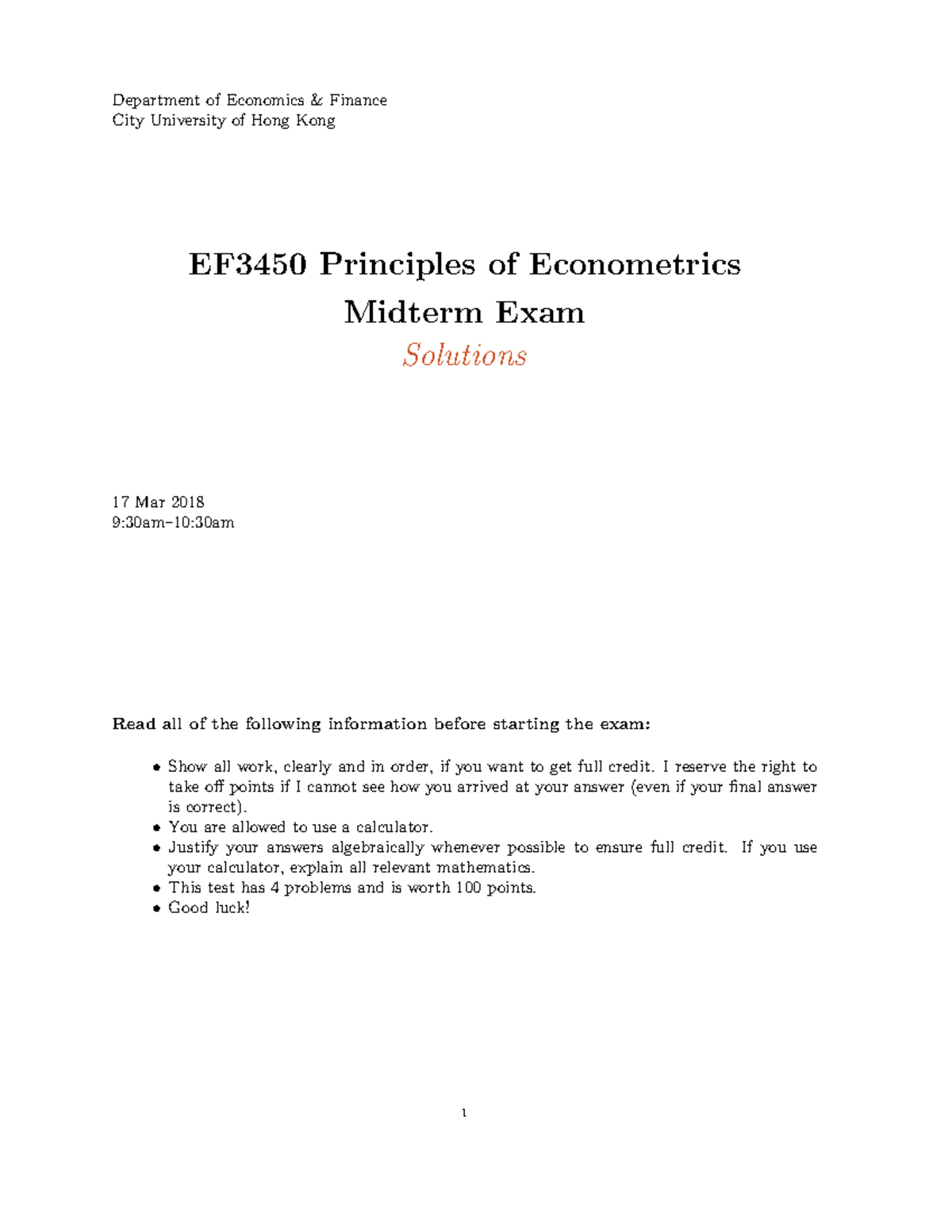 EF3450 Midterm Exam Solutions - Principles of Econometrics (Sem B 2017 ...