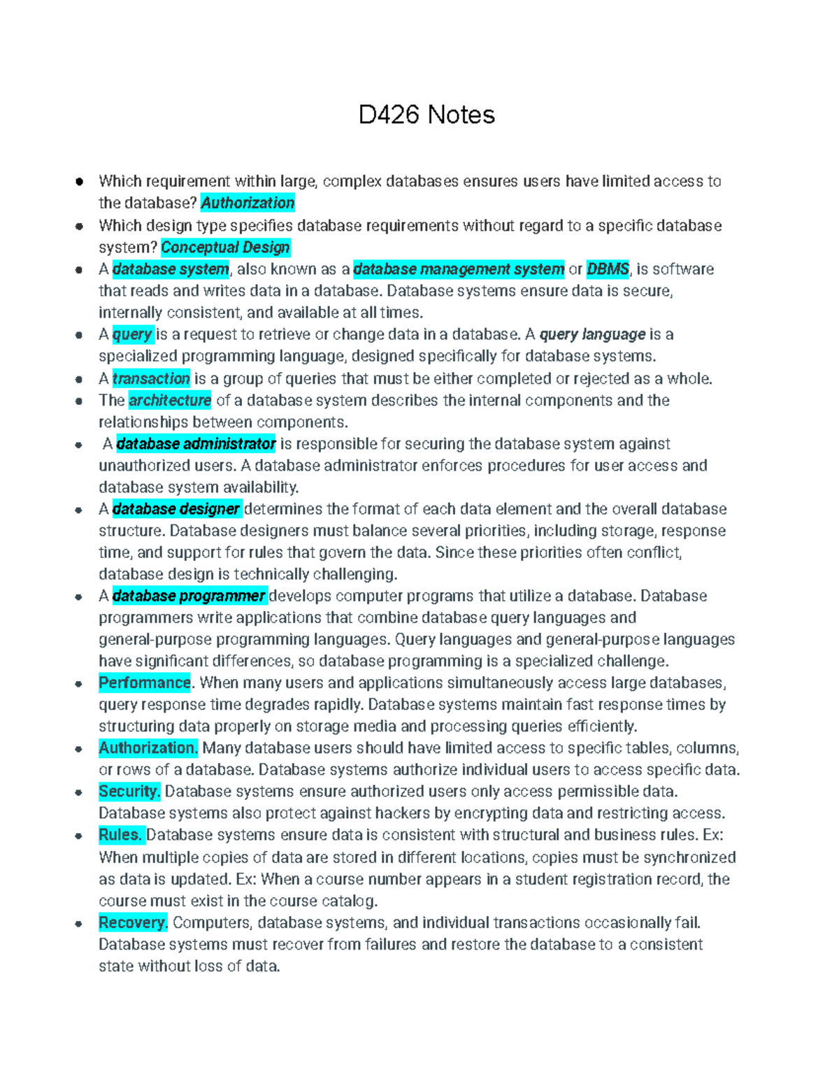 D426 Notes - Key Terms and Concepts for Database Systems - Studocu