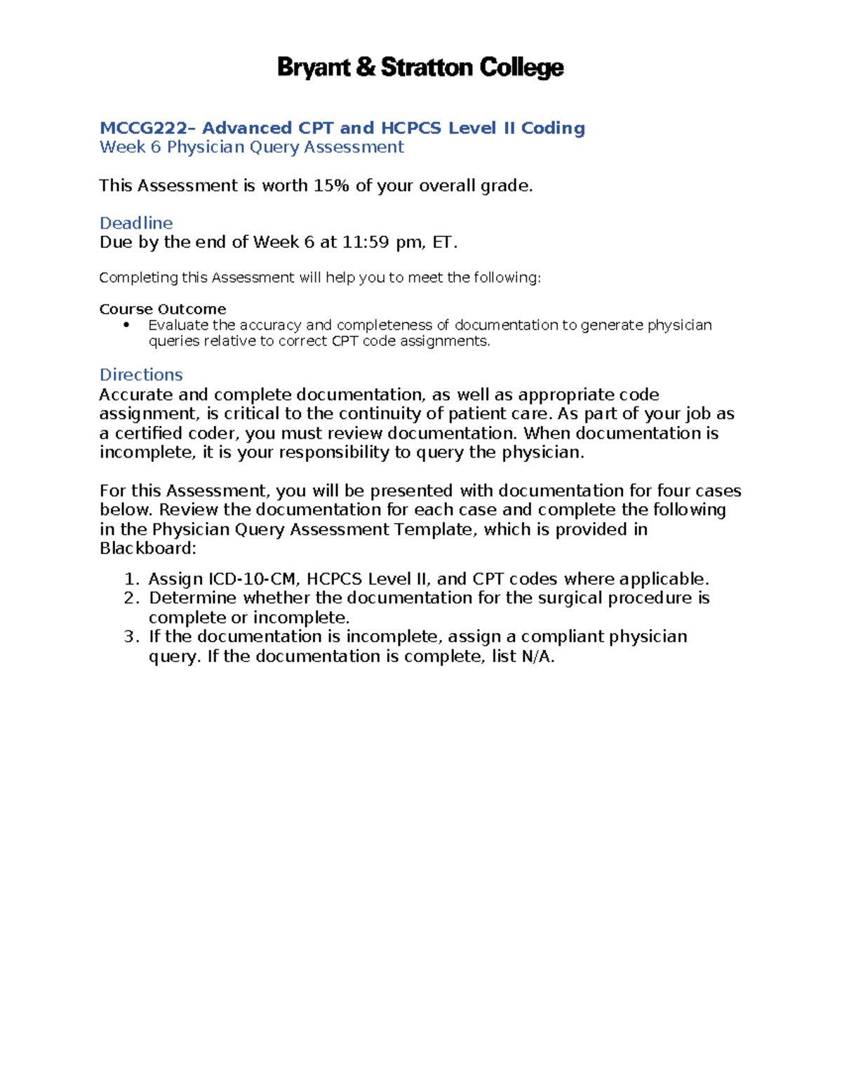 MCCG222 - Week 6 Physician Query Assessment and Coding Review - Studocu