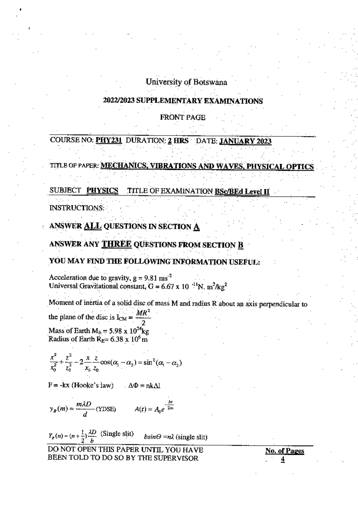 PHY 231 2023 Mechanics, Vibrations, and Waves Exam Solutions - Studocu