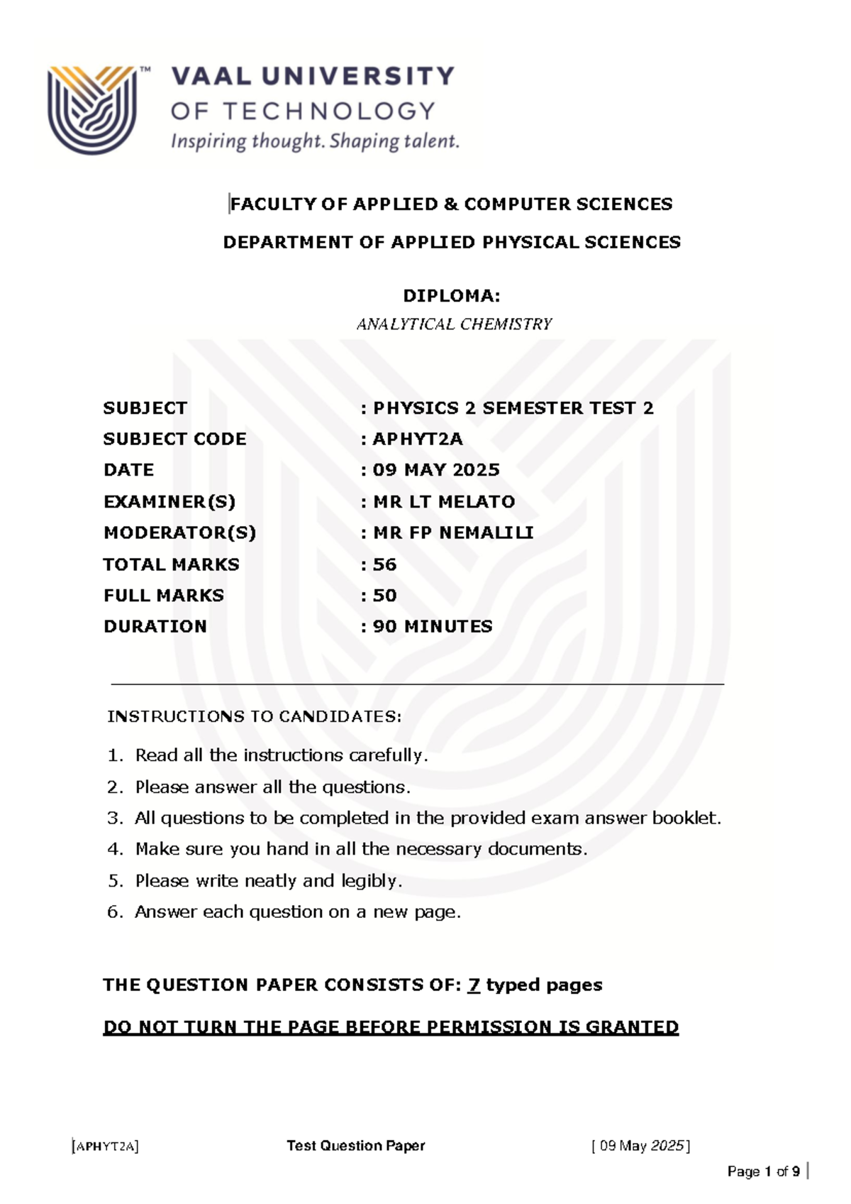 Physics 2 SEM TEST 2 (APHYT2A) - May 2025 Exam Paper - Studocu
