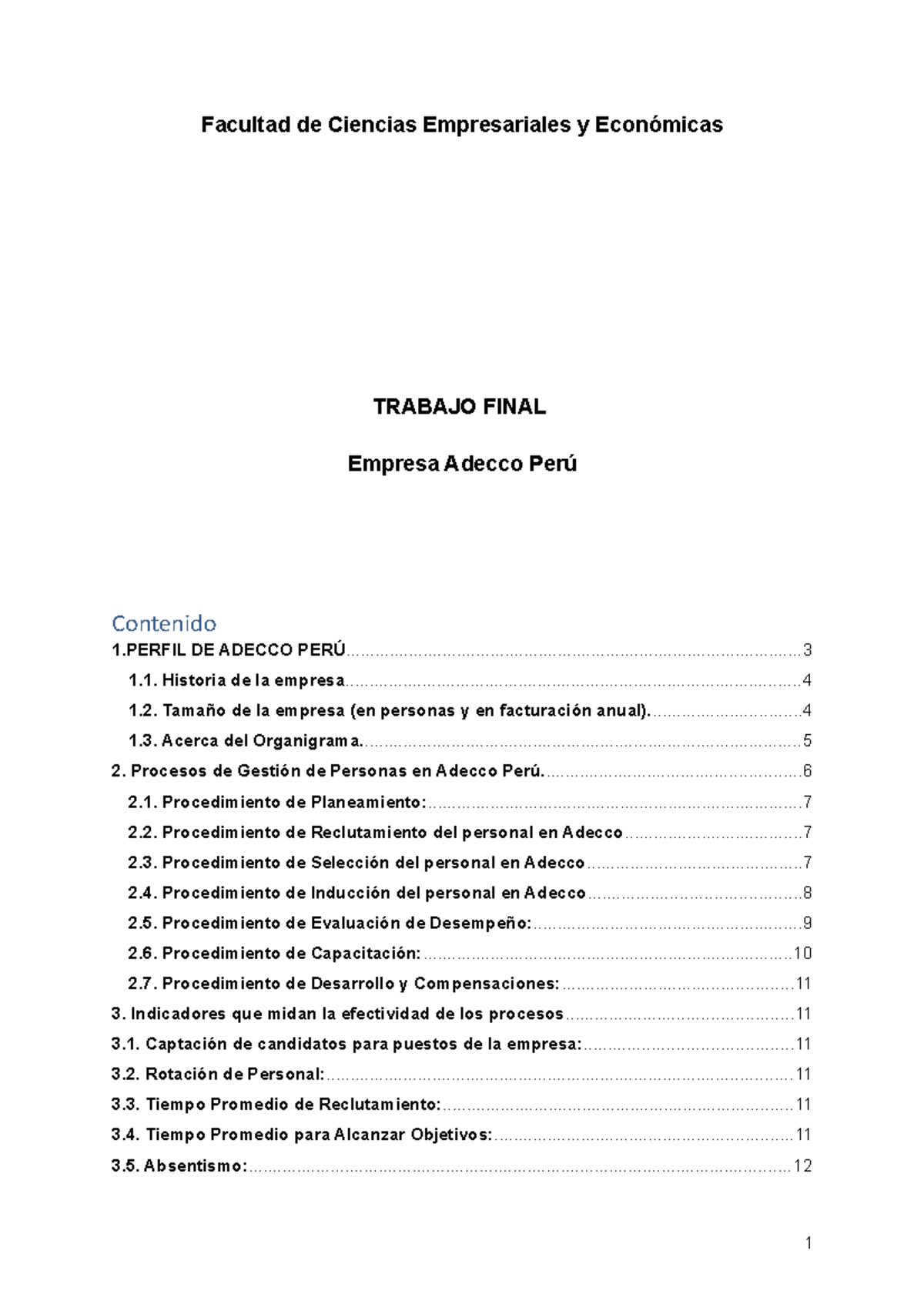 Trabajo Final: Gestión de Personas en Adecco Perú - Grupo 1 - Document Preview