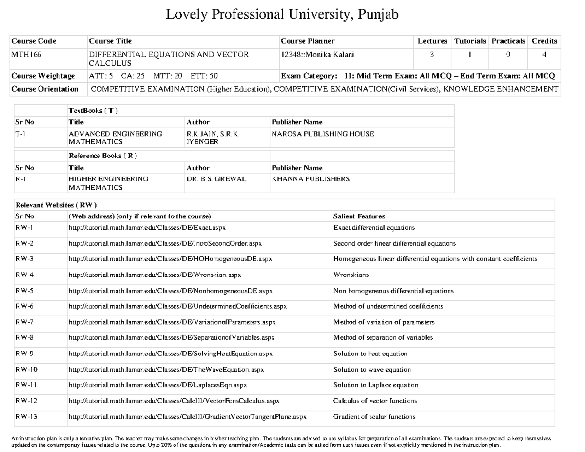 IP MTH166 Differential Equations AND Vector Calculus - Lovely ...