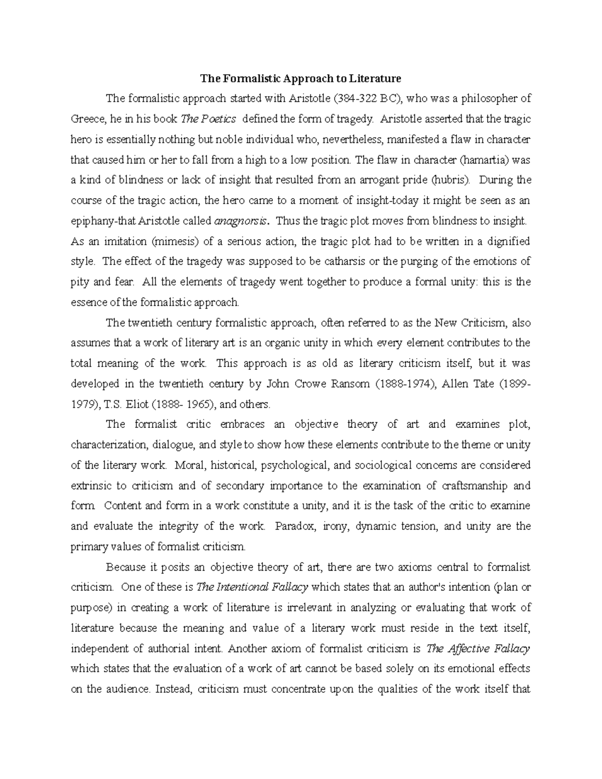 Formalistic Approach in Literature: Aristotle to New Criticism - Studocu