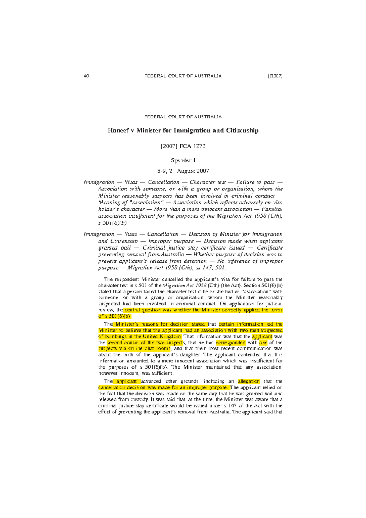 Haneef v MNR for Immigration: FCA 1273 - Visa Cancellation & Character ...