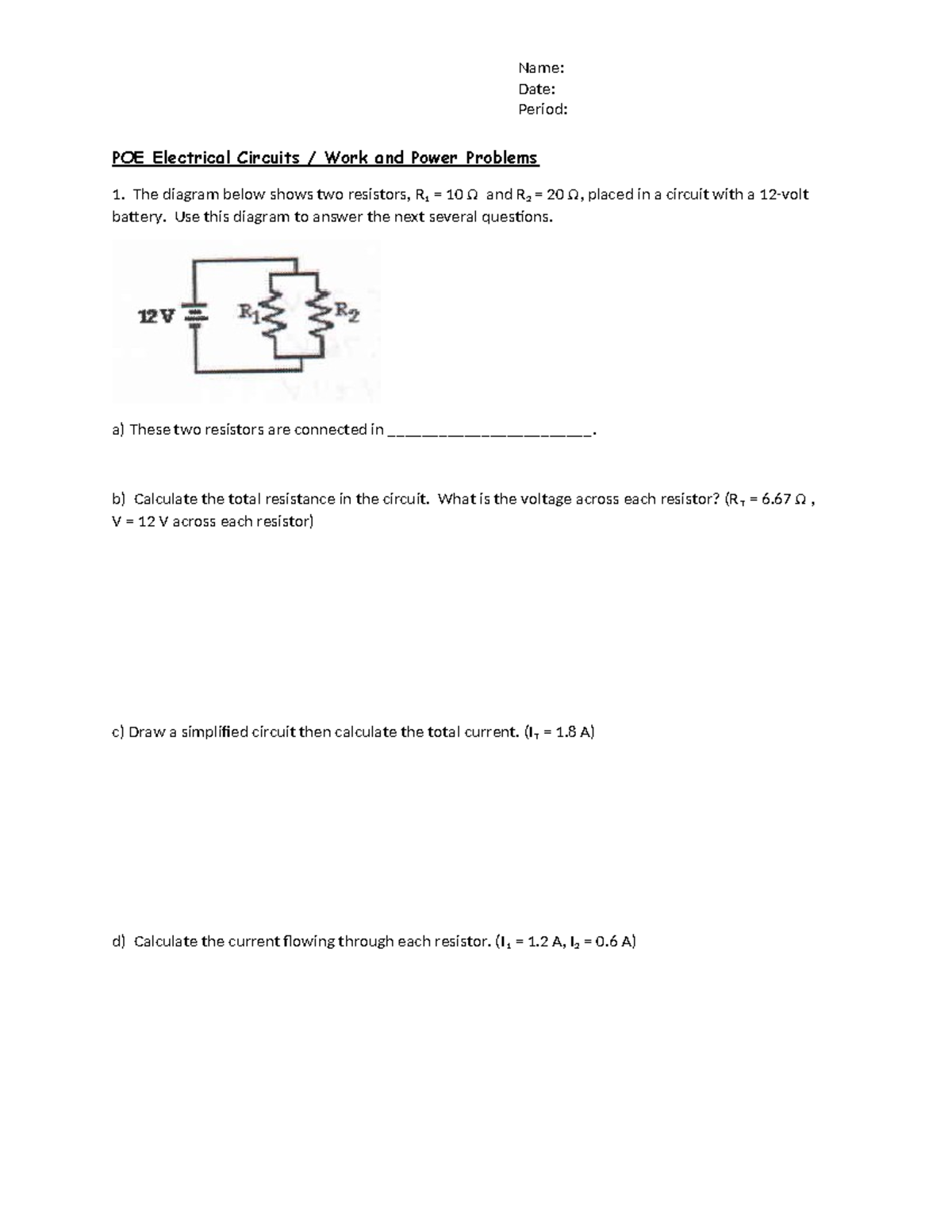 POE Electrical Circuits Work & Power Practice Problems Guide - Studocu