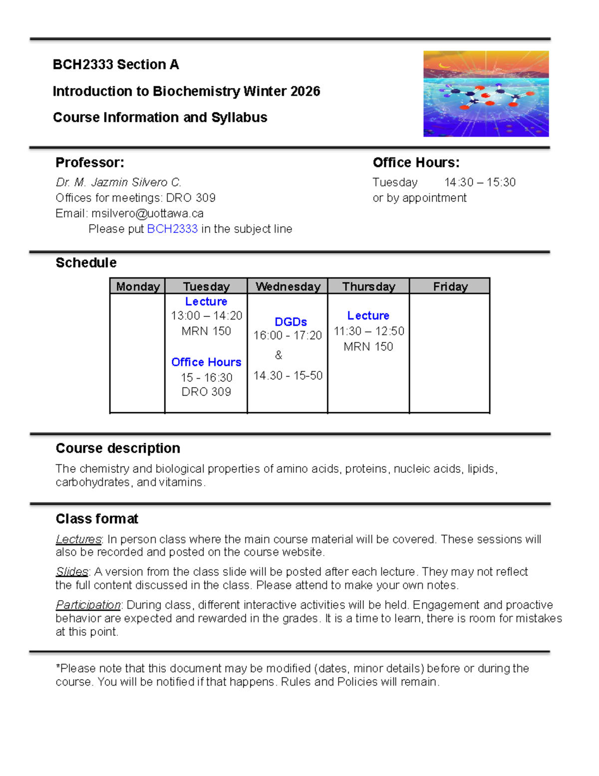 BCH2333 Syllabus: Introduction to Biochemistry Winter 2026 - Studocu