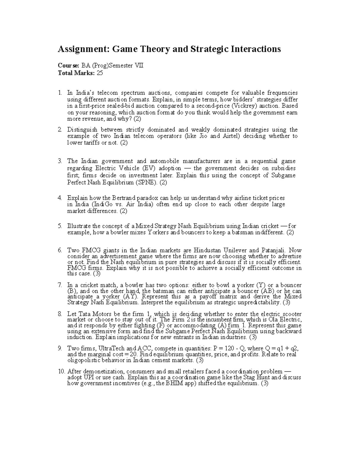 Game Theory & Strategic Interactions: BA Prog Sem VII Assignment - Studocu