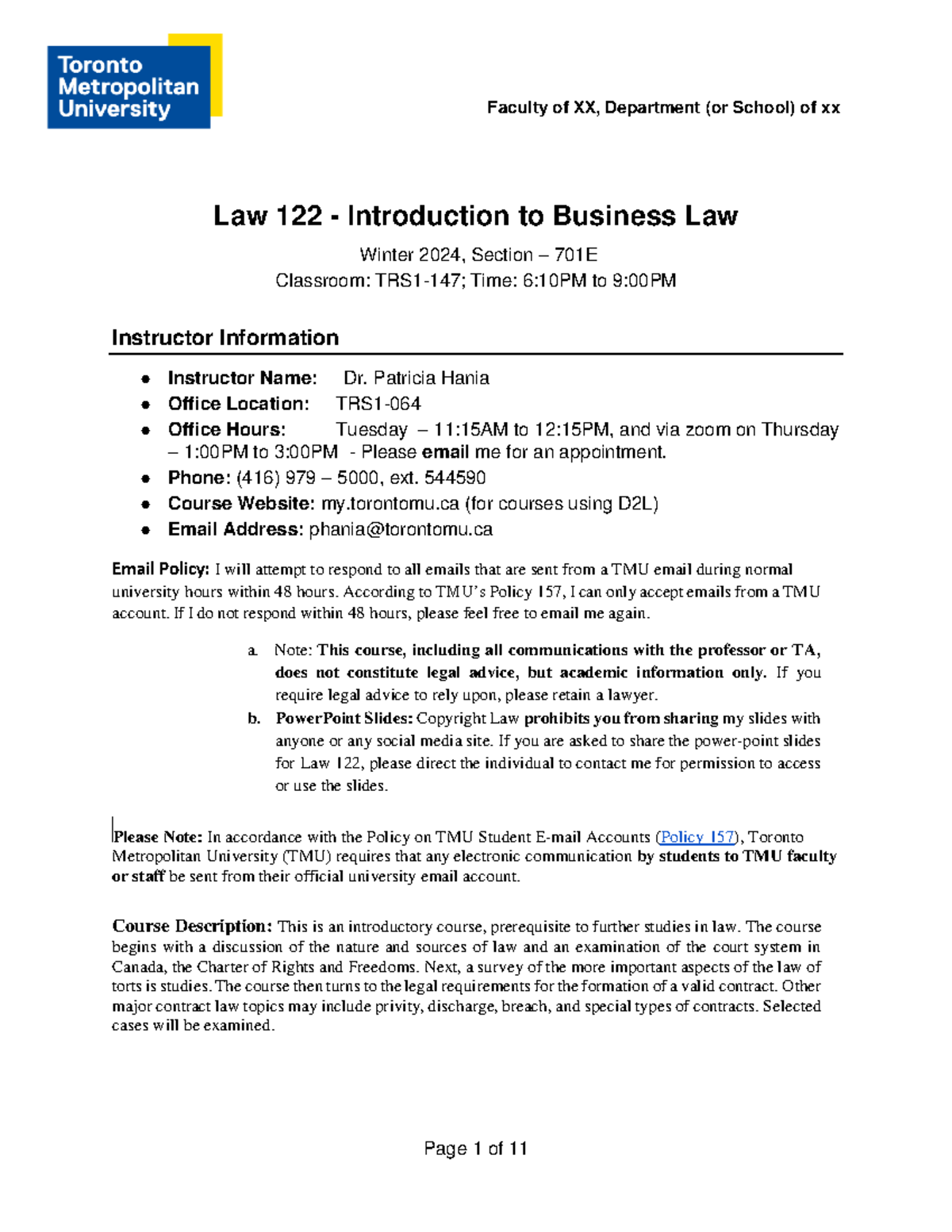 Law 122-701E Winter 2025: Intro to Business Law Course Outline and Info ...