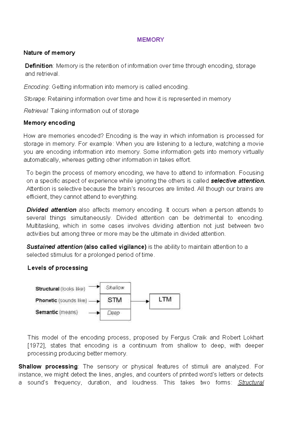 Memory - Lecture notes - MEMORY Nature of memory Definition: Memory is ...