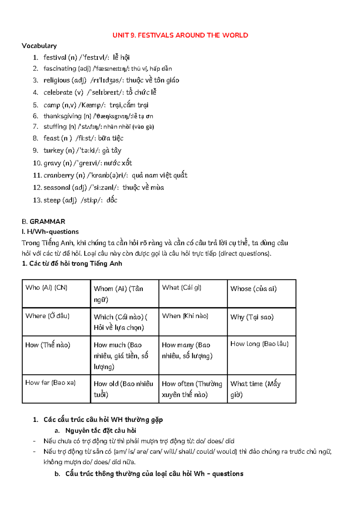 Grammar unit 9 - sdfd - UNIT 9. FESTIVALS AROUND THE WORLD Vocabulary 1 ...