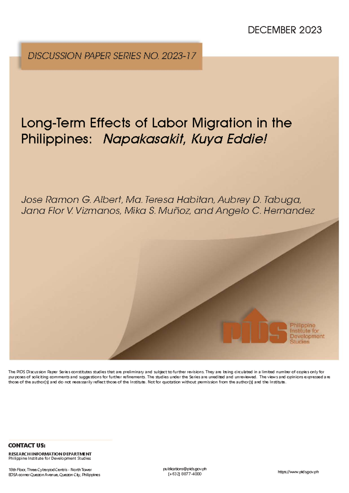 Long-Term Effects of Labor Migration in the Philippines: PIDS ...