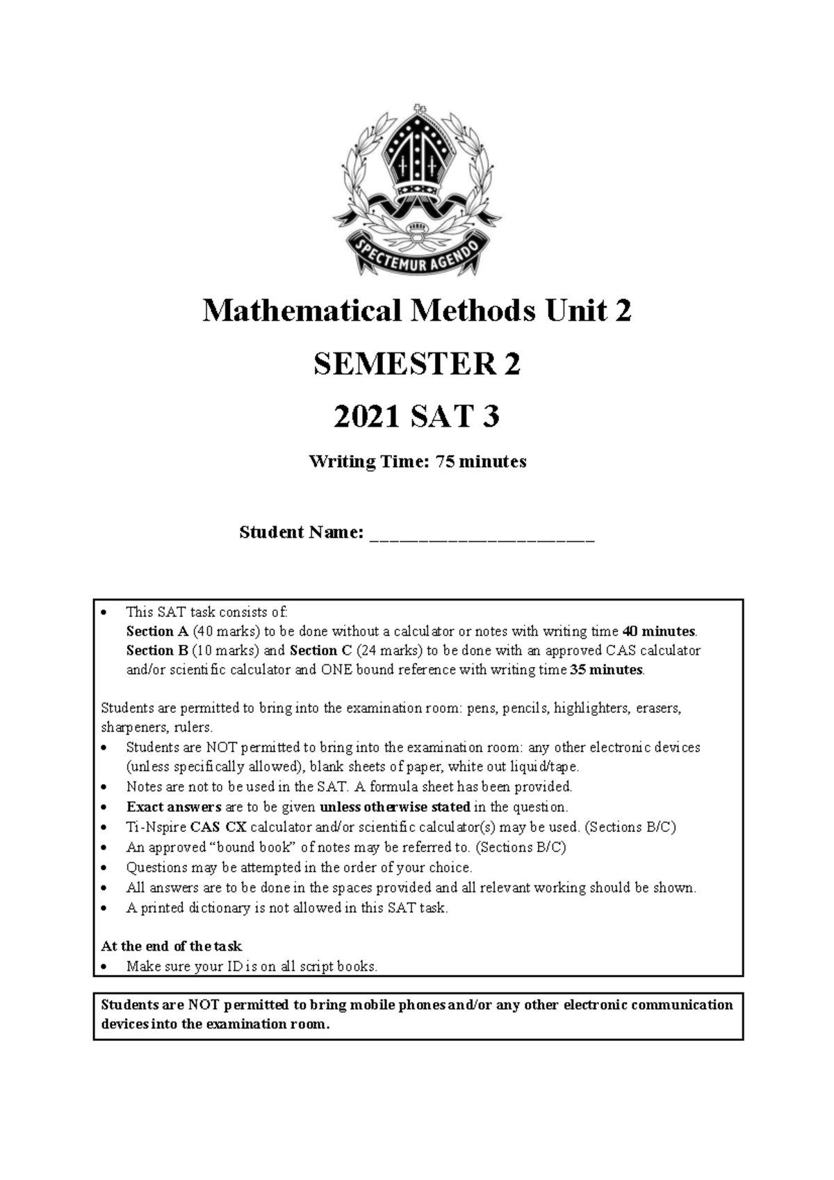 Mathematical Methods Unit 2 SAT 3 Practice SAC 1 - 2021 - Studocu