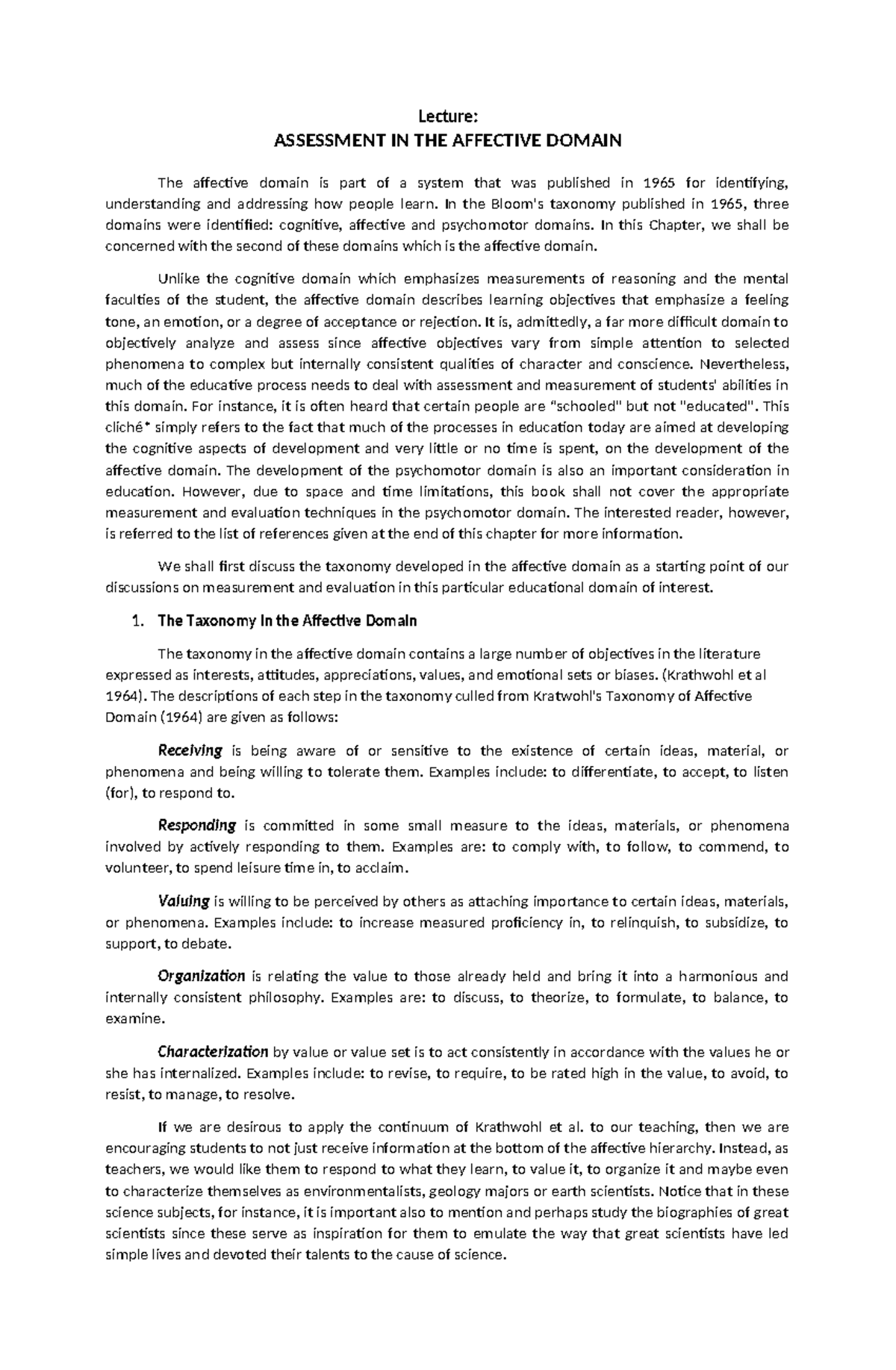 PSY-401 Lecture: Assessment in the Affective Domain - Studocu