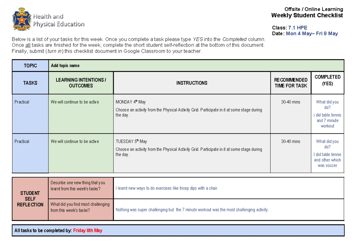 PE 7.1 Week 7 Online Learning Checklist and Reflection Guide - Studocu