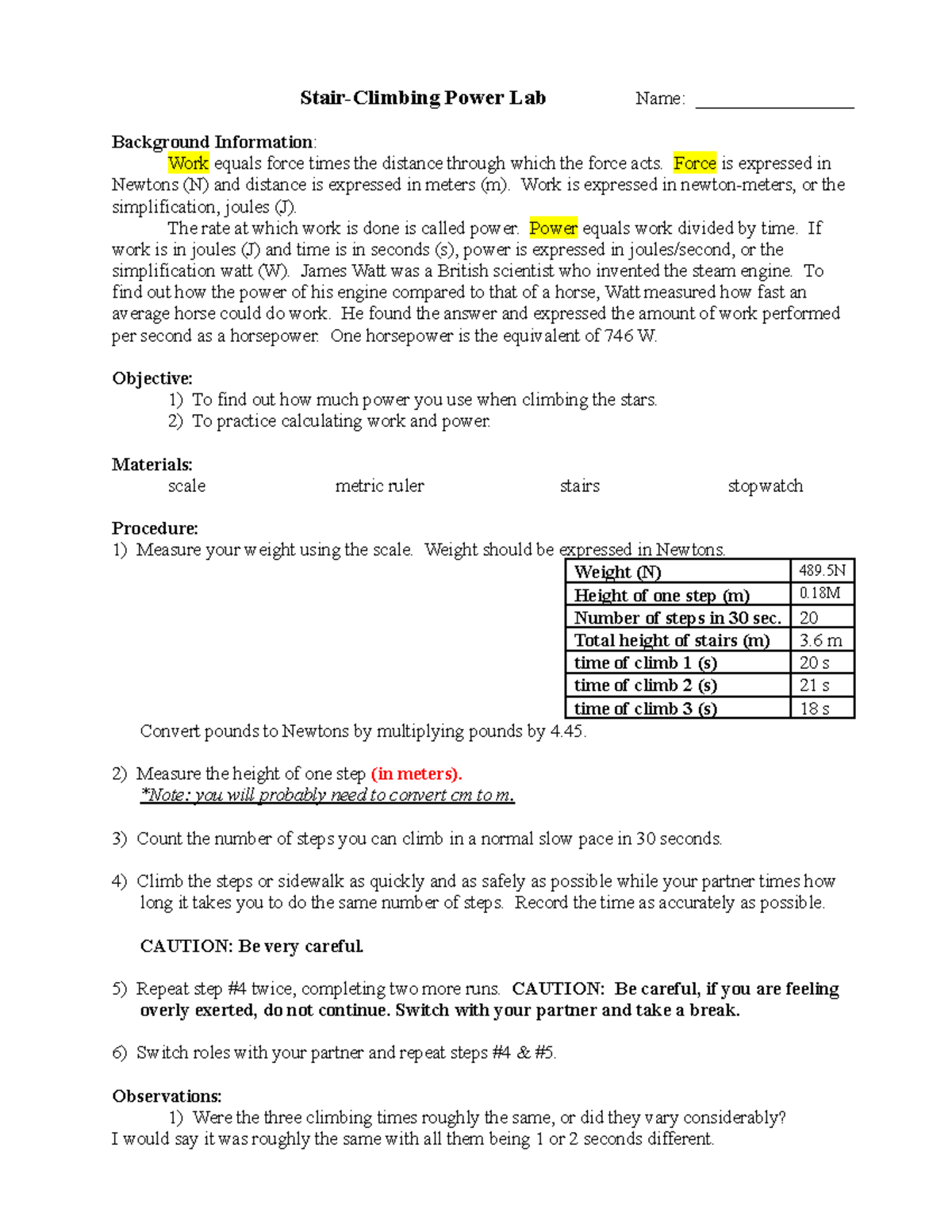 Copy of work and power lab - Stair-Climbing Power Lab Name ...