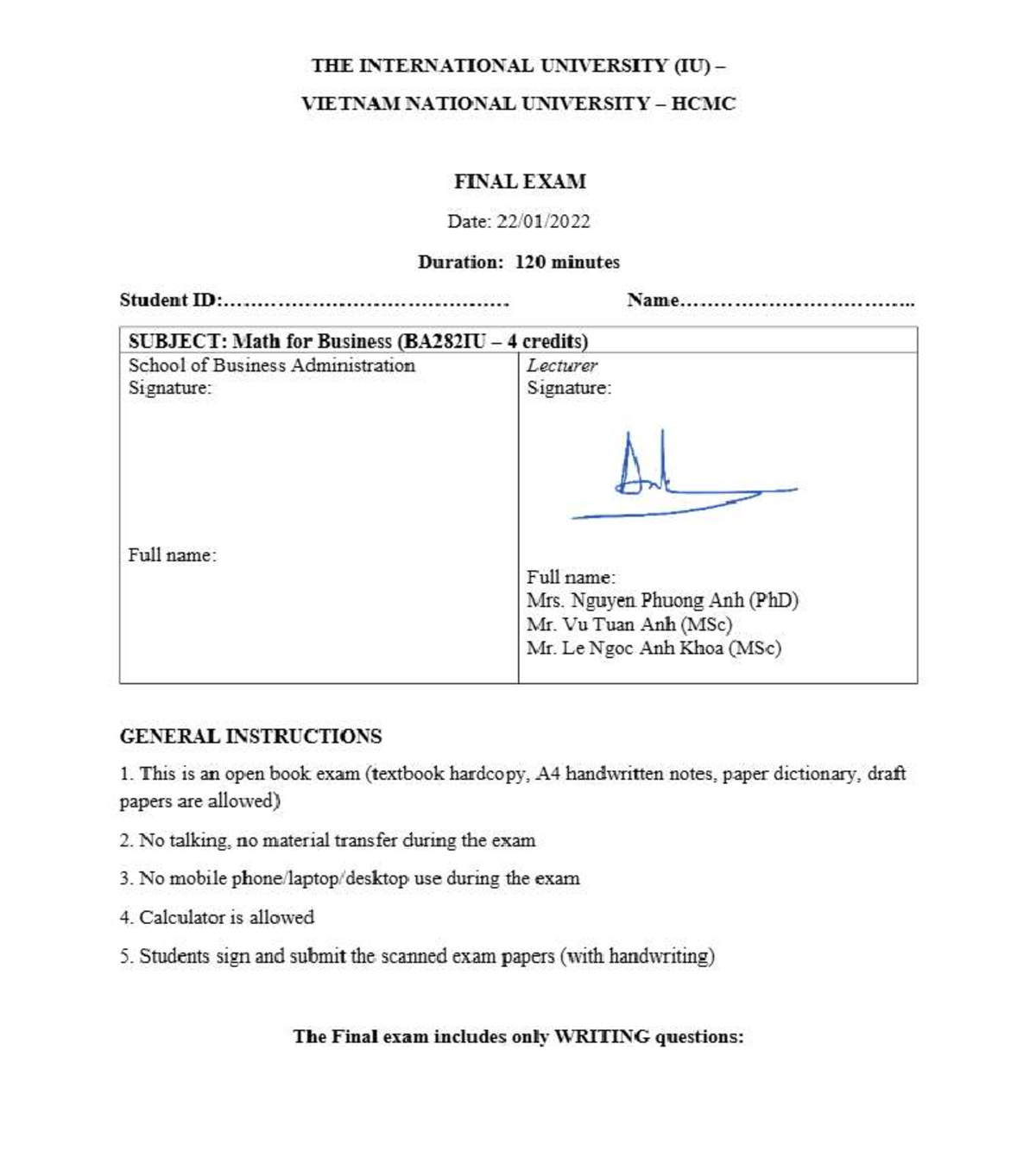 BA282IU Math for Business Final Exam Guide 2022 HK1 - Studocu