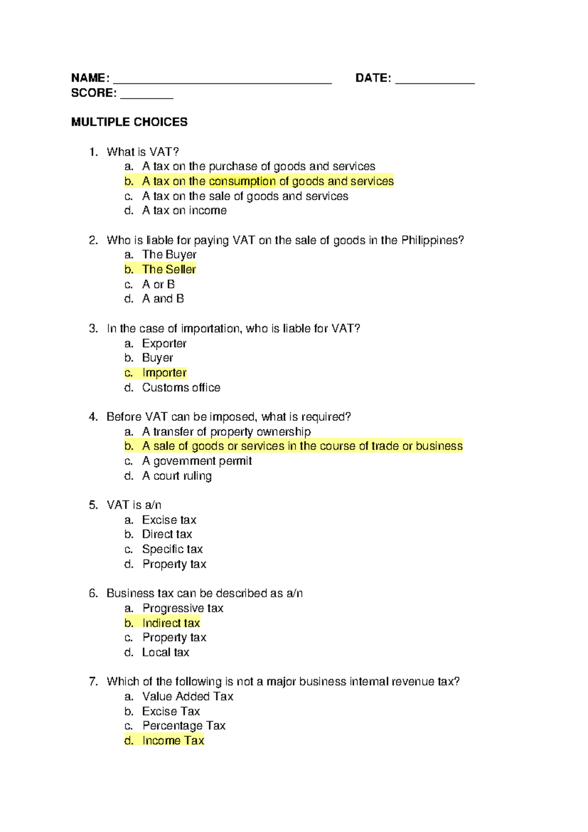 Inctax - VAT Multiple Choice Questions and Answers - Studocu