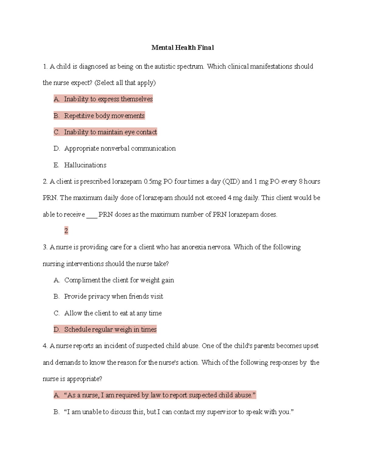 Mental Health Nursing Exam 3: Final Exam Review and Key Concepts - Studocu