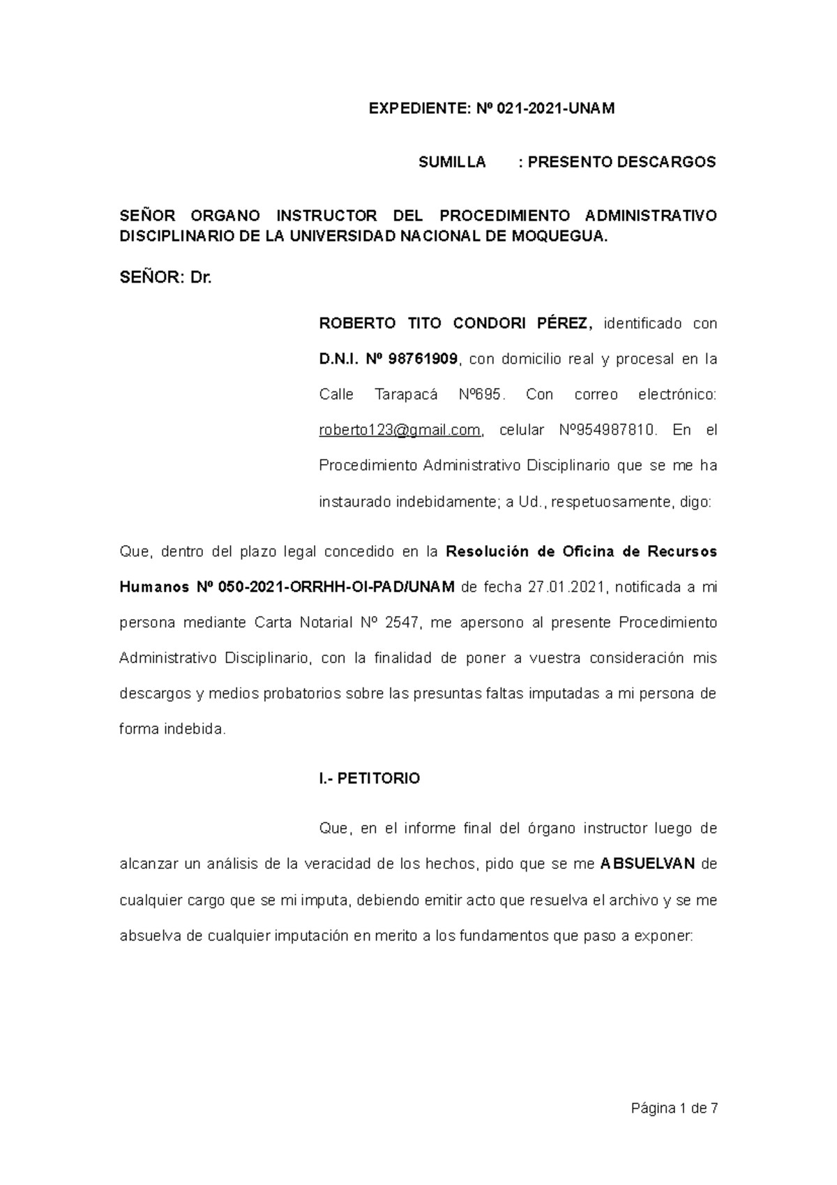 Modelo de Descargo en Procedimiento Adm. Disciplinario - UNAM - Document Preview