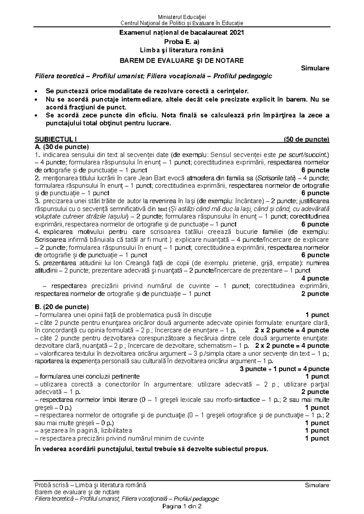 Examen Bacalaureat 2021 Proba E. a) Limba și Literatura Română - Barem ...