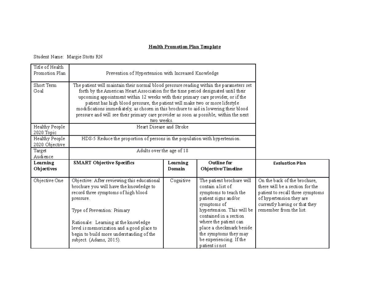 HEA 101: Health Promotion Plan Template for Infographic Creation - Studocu