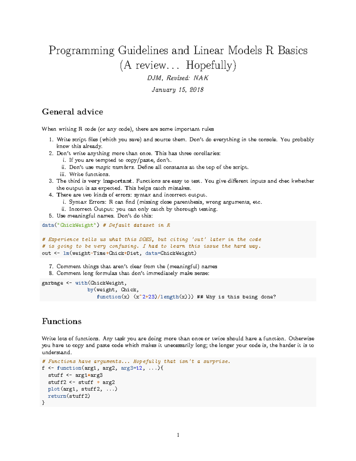 Lec03 - Lecture notes on stats modeling - Programming Guidelines and ...