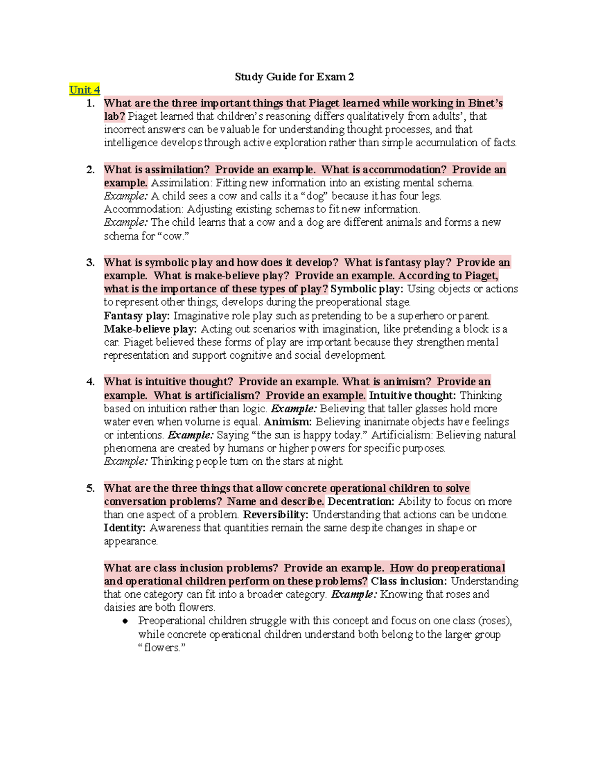 Study Guide for PSY 204: Cognitive Development Exam 2 - Studocu