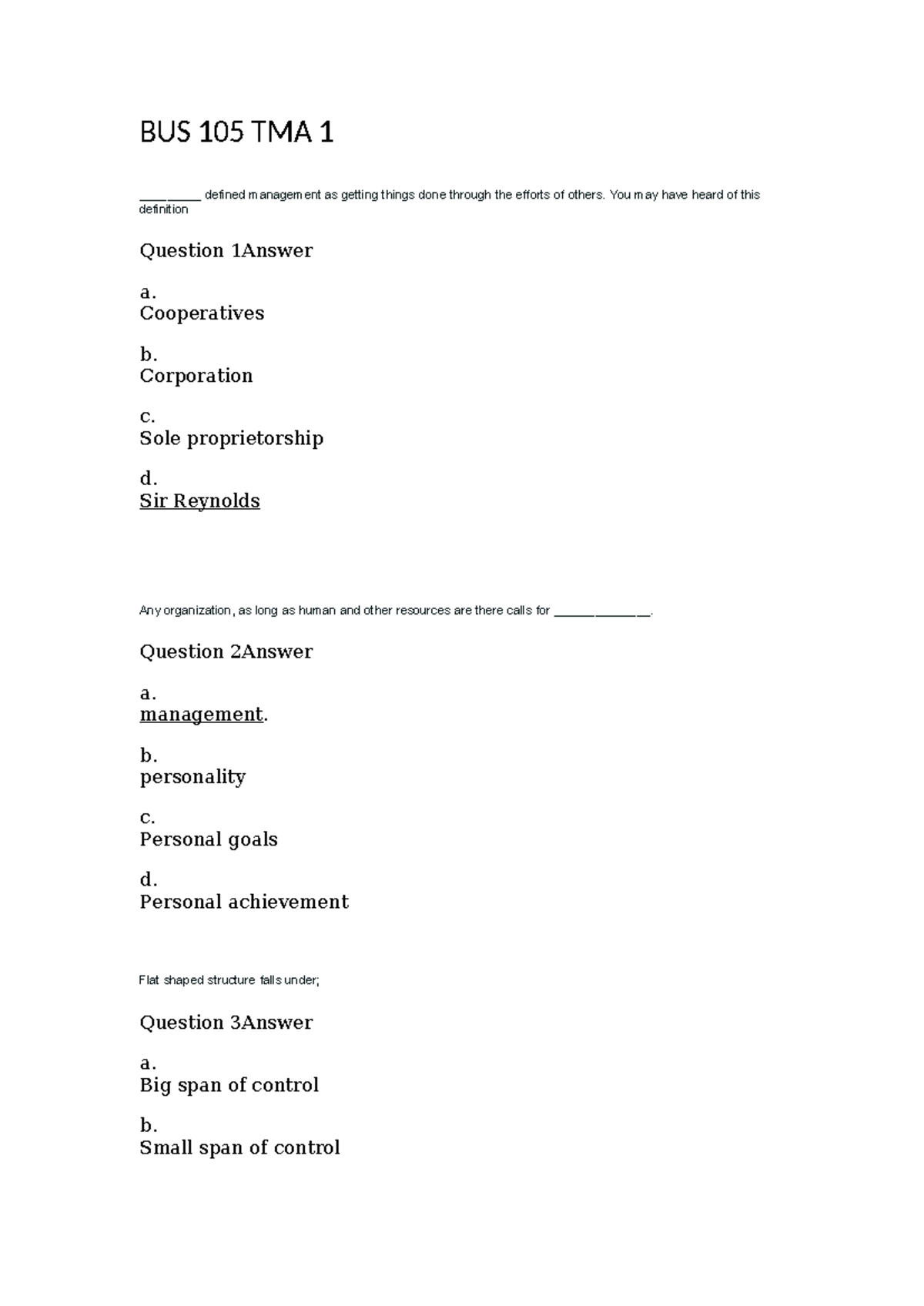 BUS 105 TMA 1 - Management Concepts and Objectives Quiz - Studocu