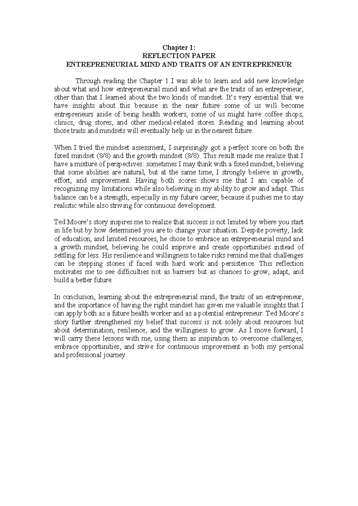Entrepreneurial Mindset Reflection: Insights from Chapter 1 - Studocu