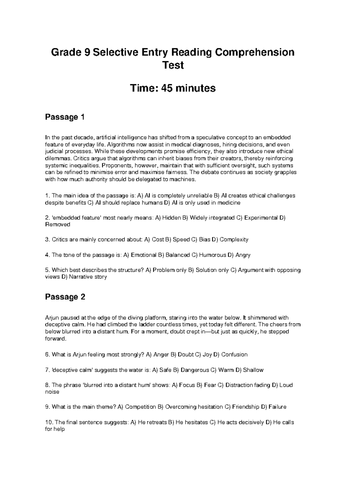 Grade 9 Selective Entry Reading Comprehension Test: 30+ Questions - Studocu