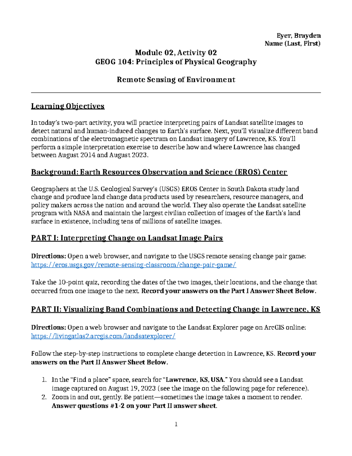 GEOG 104 - Remote Sensing Week 2 Assignment on Earth Changes - Studocu