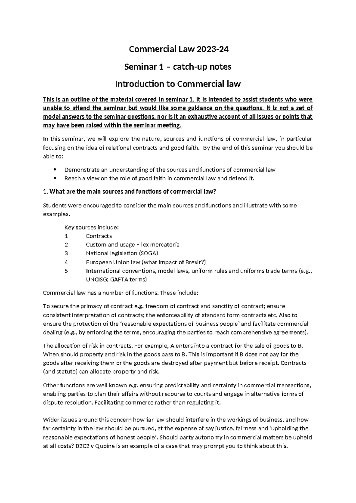 Seminar 1 catch up notes intro to commercial law - Commercial Law 2023 ...