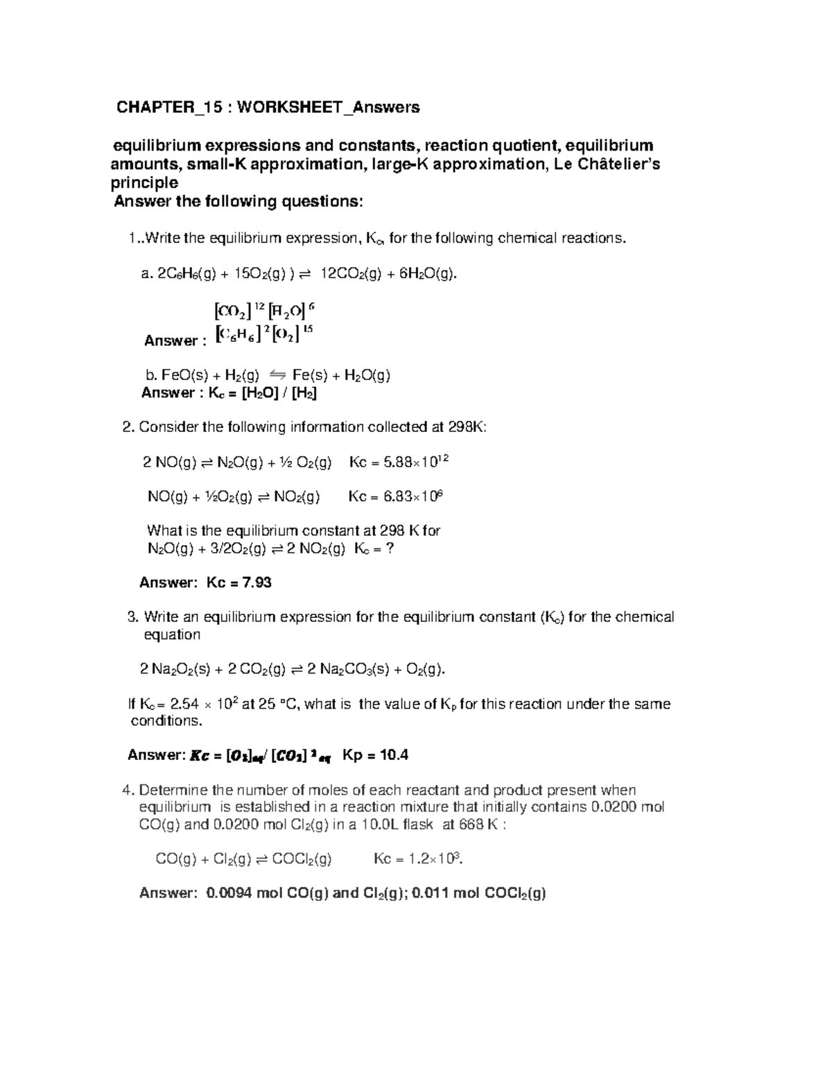 CH 15: Equilibrium Expressions & Constants Practice Problems - Studocu