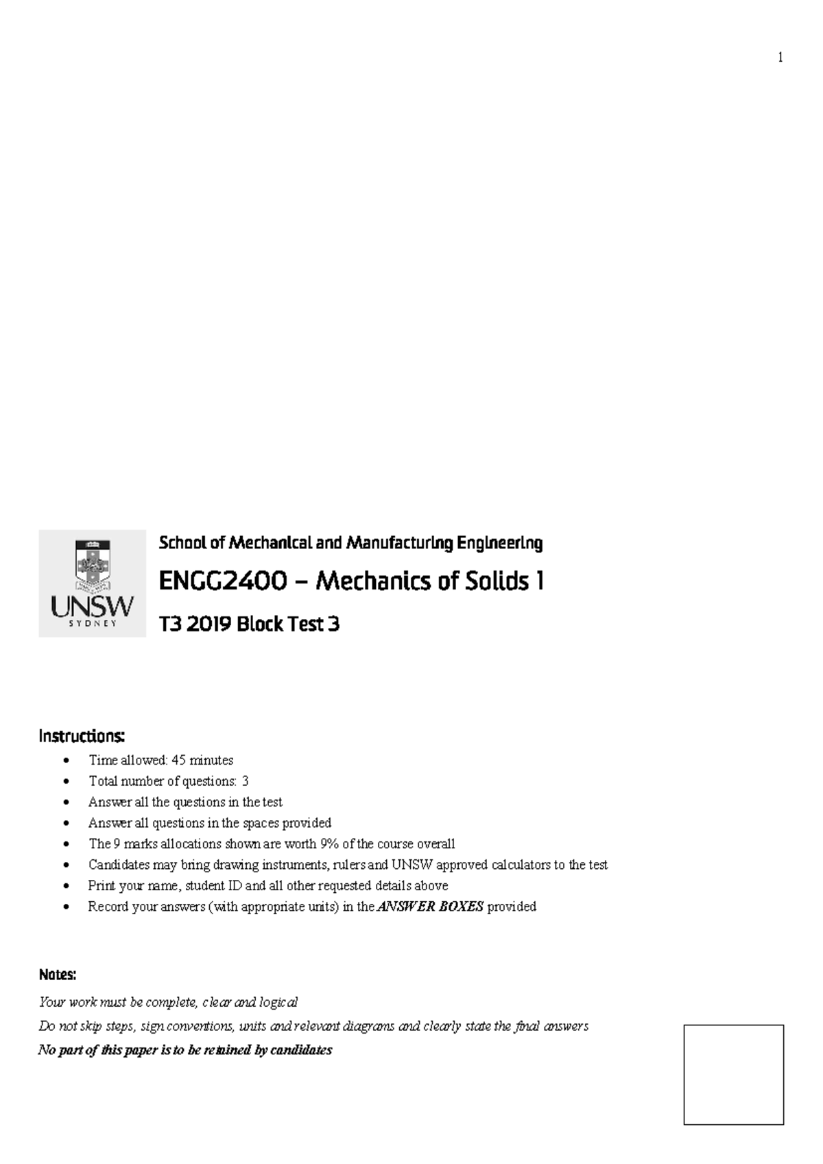 ENGG2400 T3 2019 Mechanics of Solids Block Test 3 Guide - Studocu