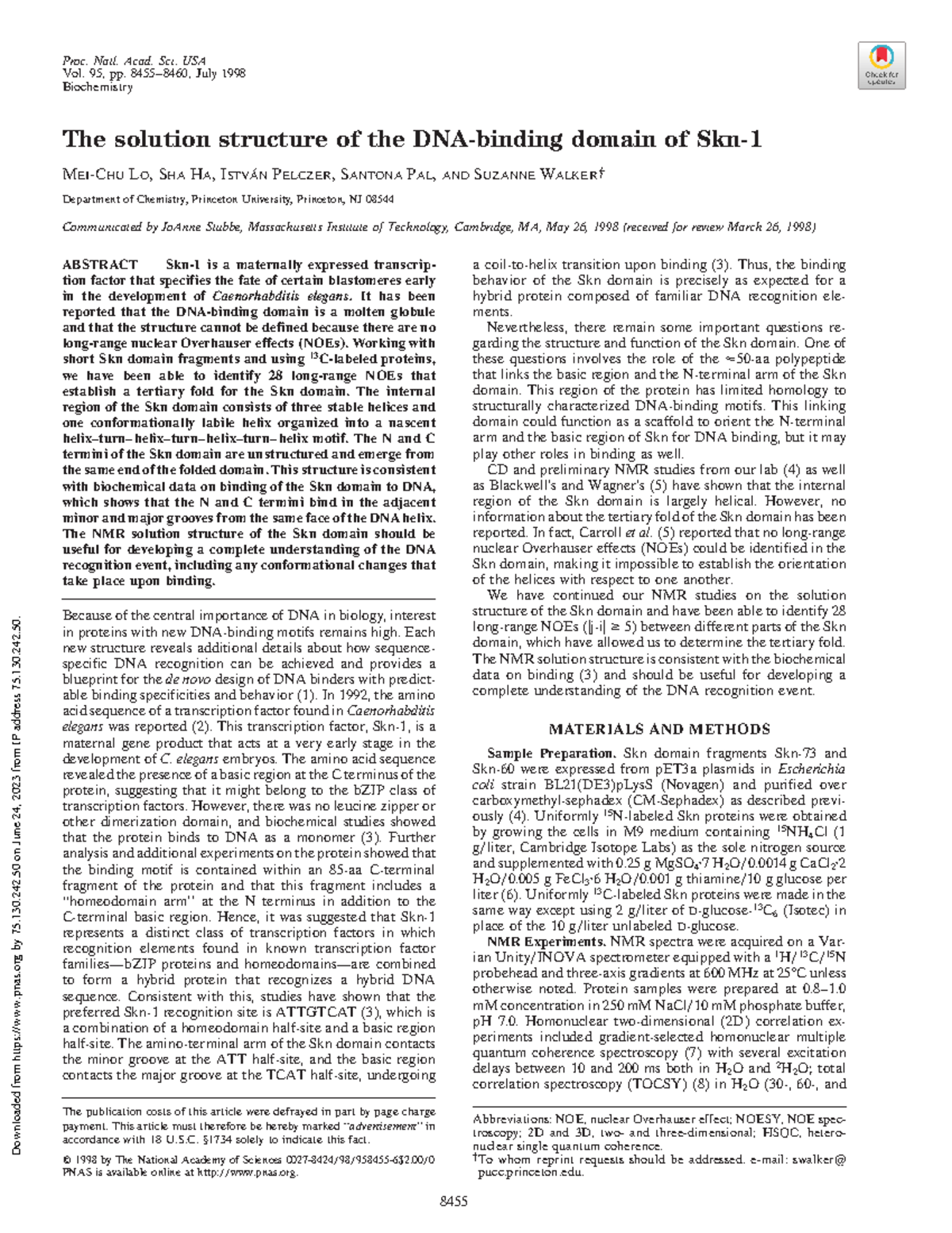 NMR Analysis of DNA-Binding Domain Structure in Skn-1 (Biochem 101 ...