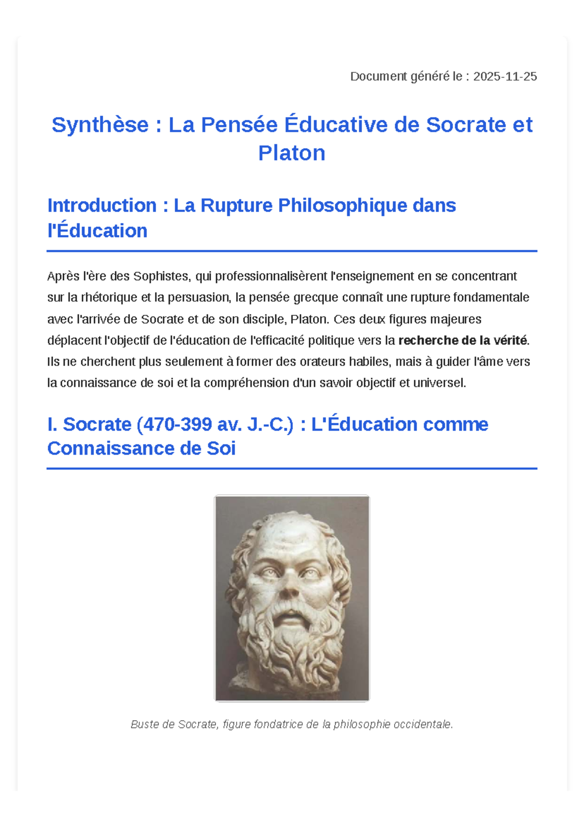 Synthèse : La Pensée Éducative de Socrate et Platon - HE 5 - Studocu