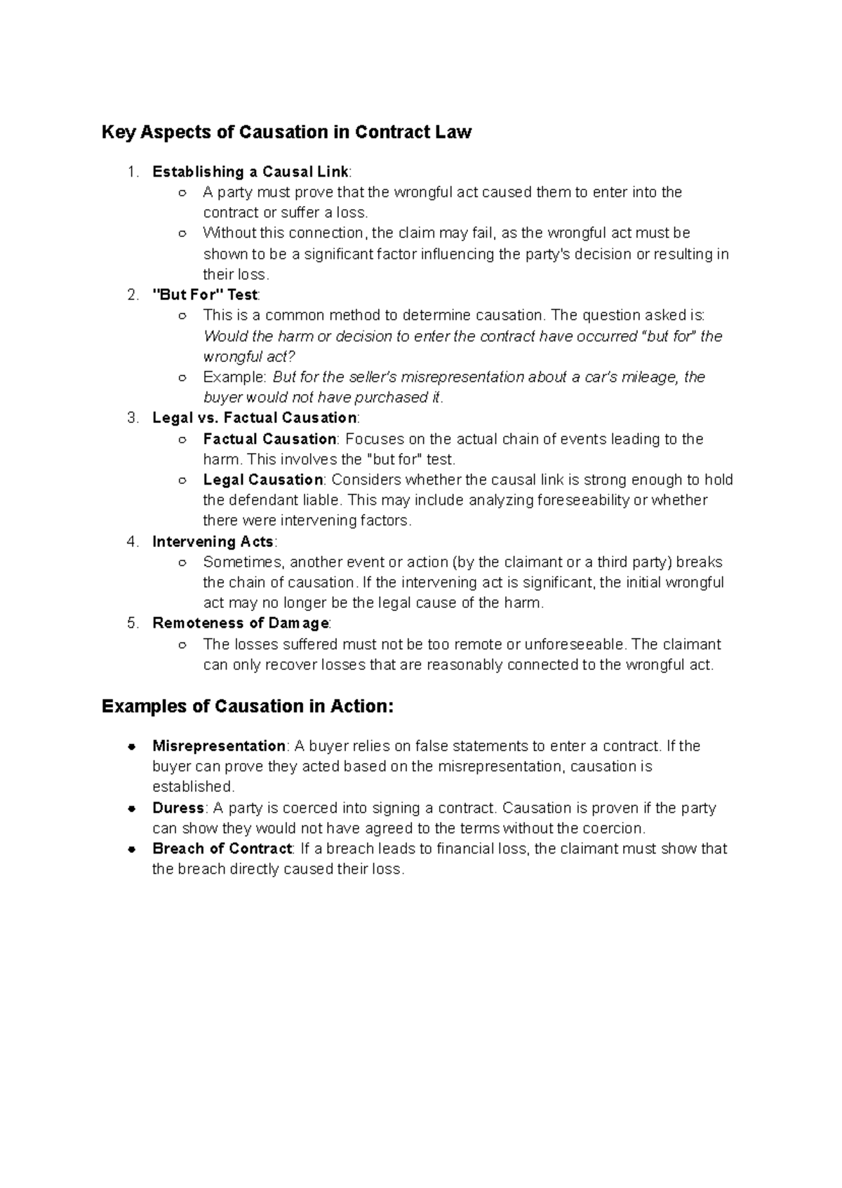 Key Aspects of Causation in Contract Law - Overview and Examples - Studocu