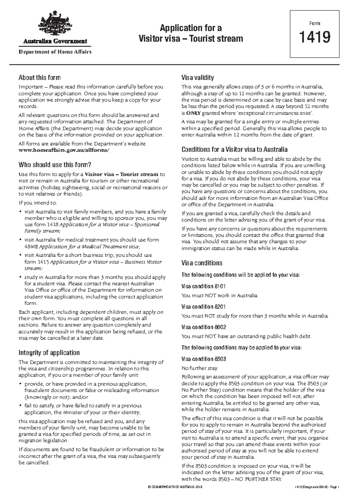 Application for Visitor Visa (Tourist Stream) - Form 1419 Guide - Studocu