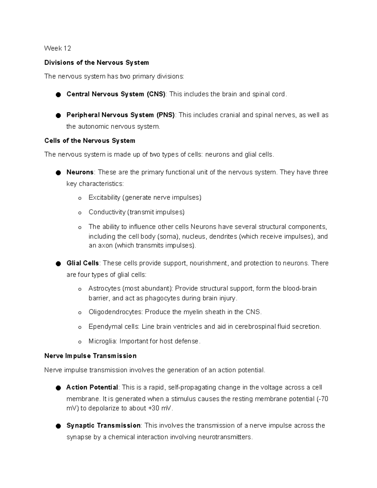 Week 12-13 Lecture Notes on Nervous System Divisions and Disorders ...