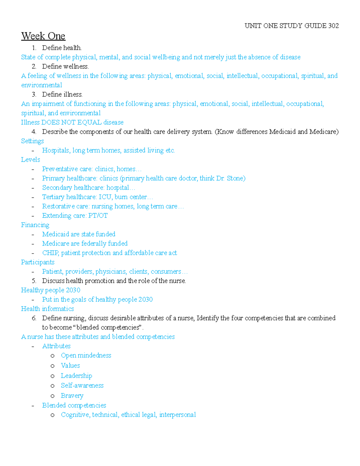 Unit 1 Study Guide: Key Concepts in Nursing Fundamentals and Health ...