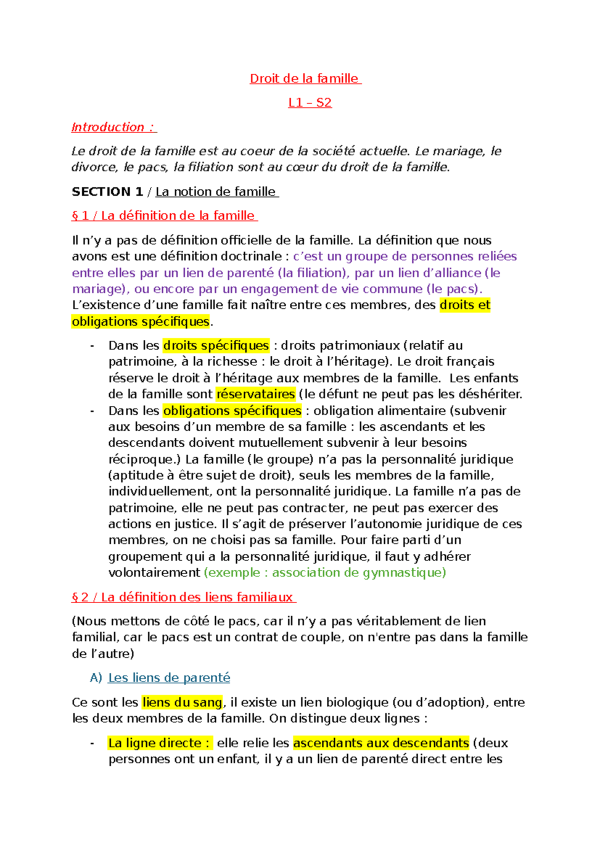 Droit de la Famille L1 S2 : Introduction et Notions Fondamentales - Studocu