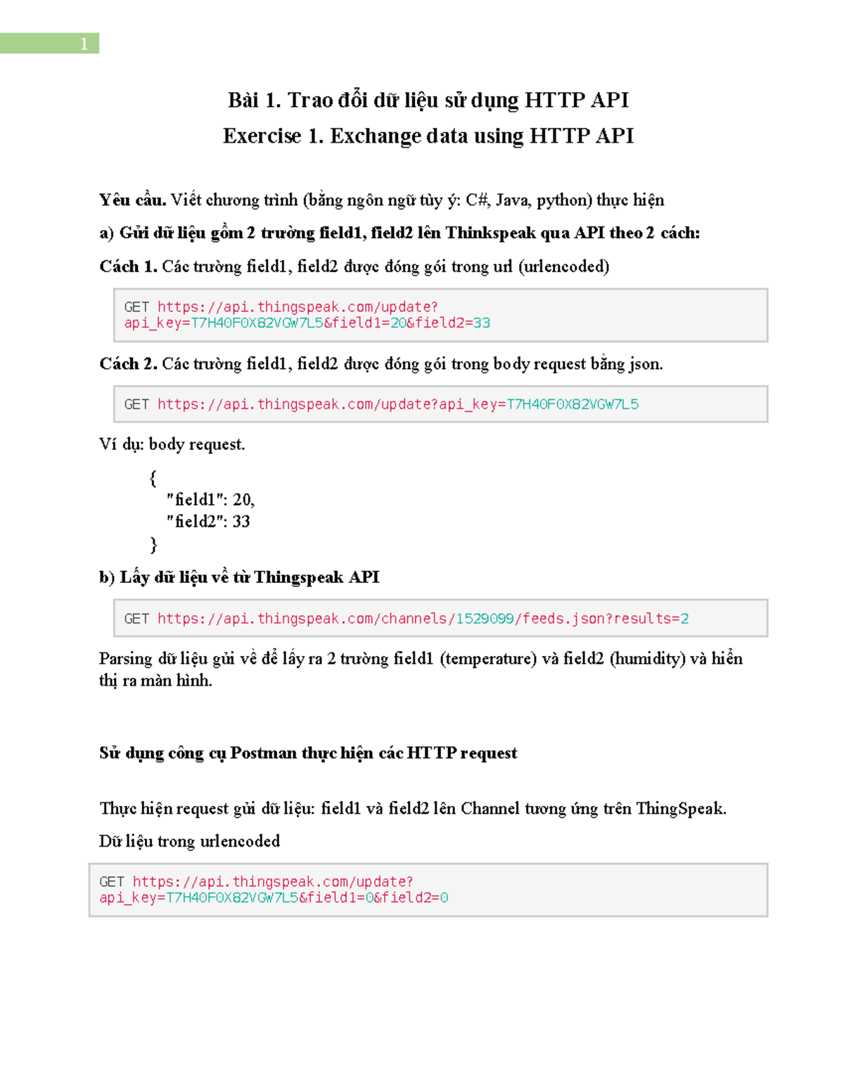 Bài 1: Trao đổi dữ liệu qua HTTP API - Exercise 1 - Studocu