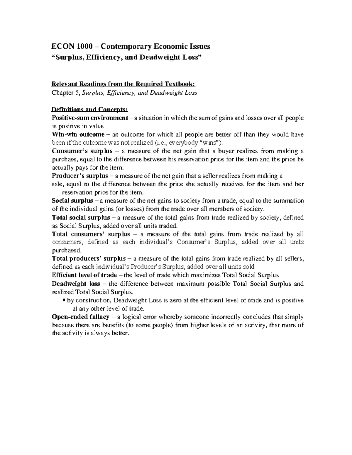 ECON 1000: Chapter 5 Study Guide on Surplus & Efficiency - Studocu
