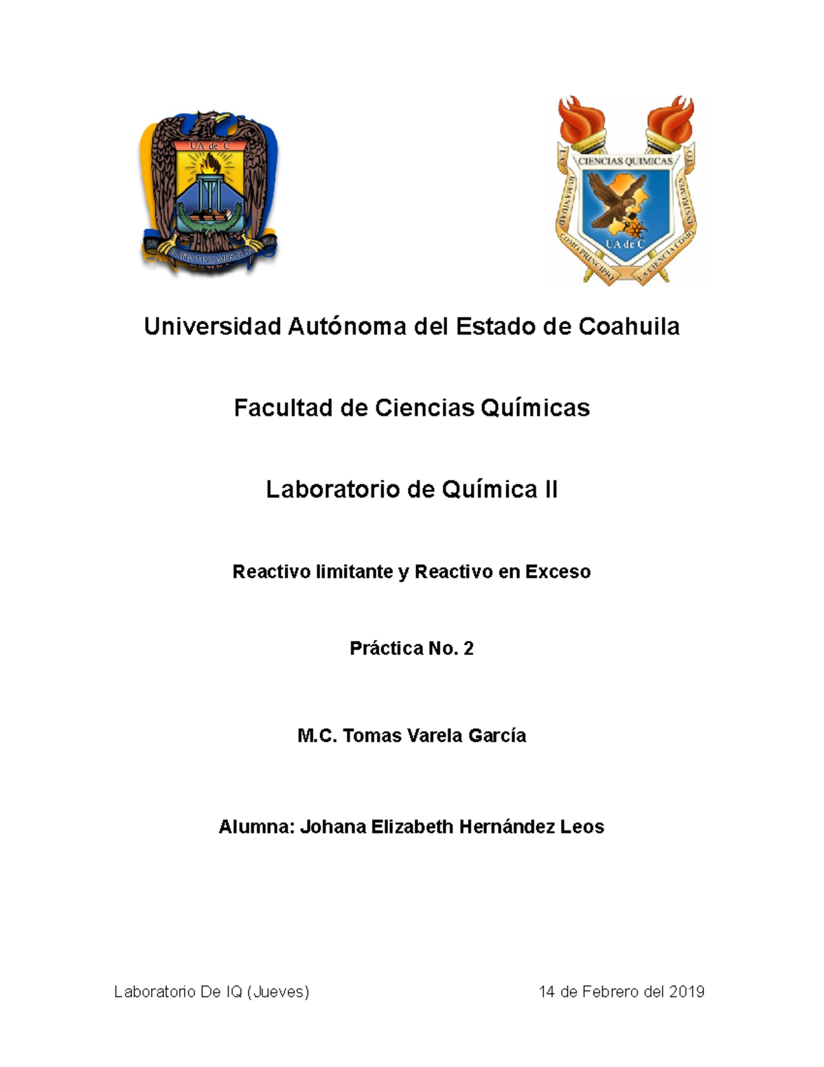 Práctica 2 - Reactivo Limitante y En Exceso en Química II (FCQ) - Document Preview