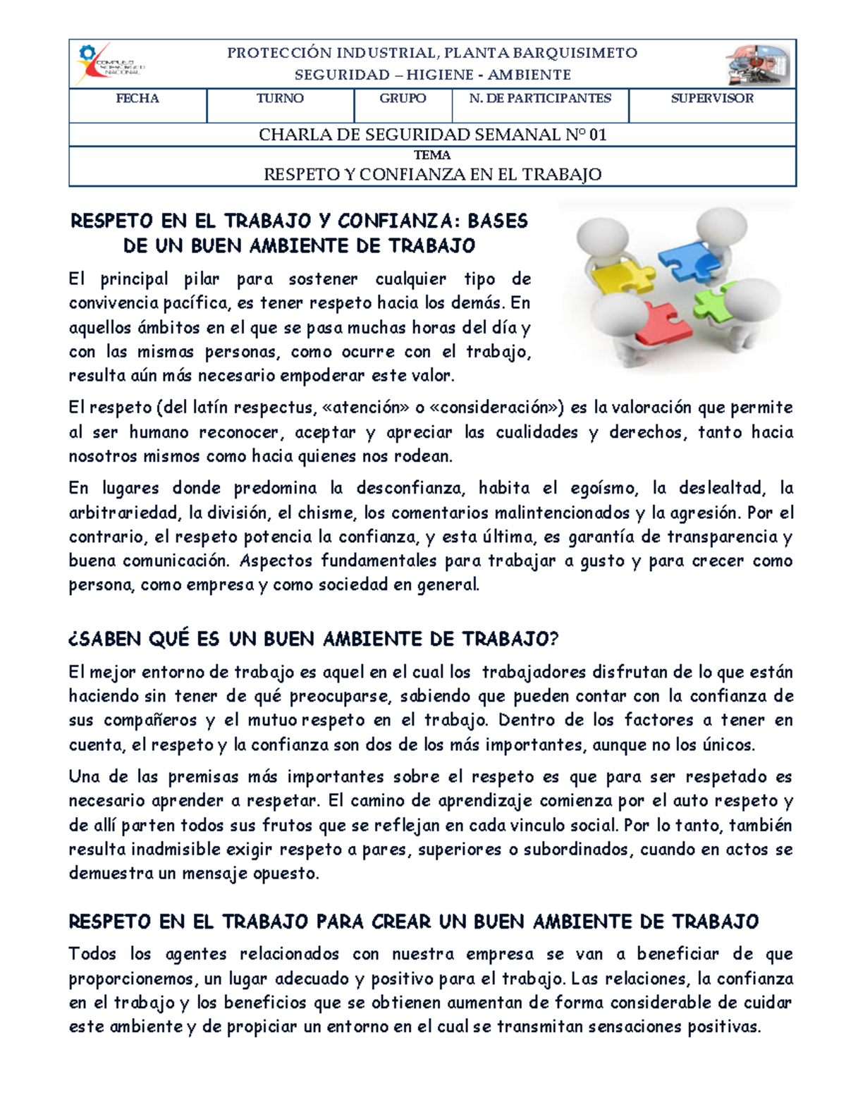 Charla de Seguridad N° 01: Respeto y Confianza en el Trabajo - Document Preview