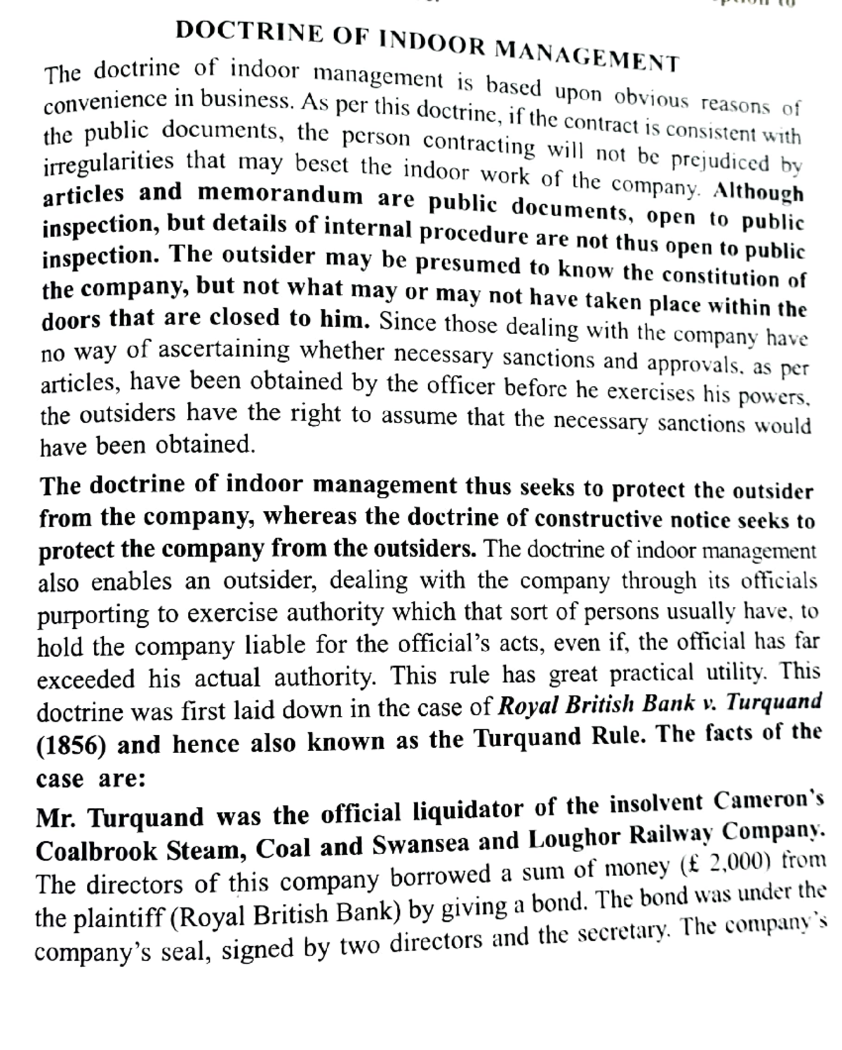 Doctrine of Indoor Management: Understanding the Turquand Rule - Studocu