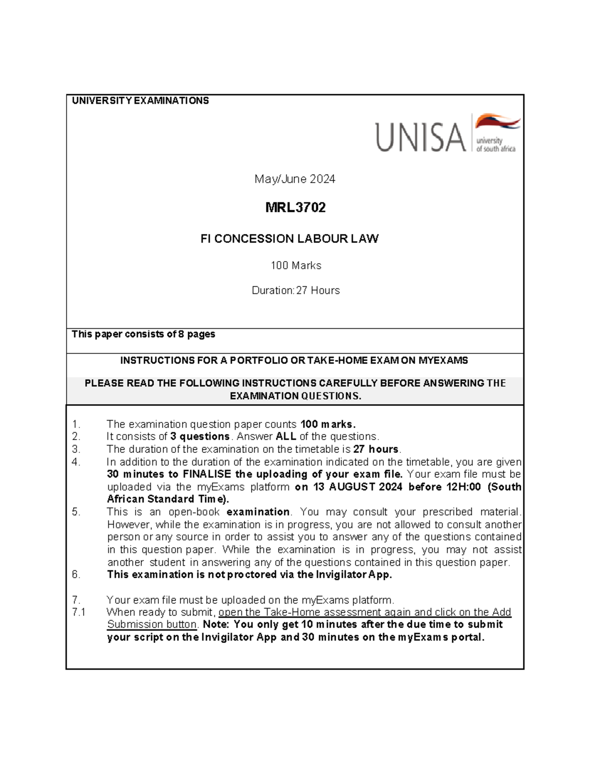 MRL3702 2024 FI Labour Law Take-Home Exam Instructions - Studocu