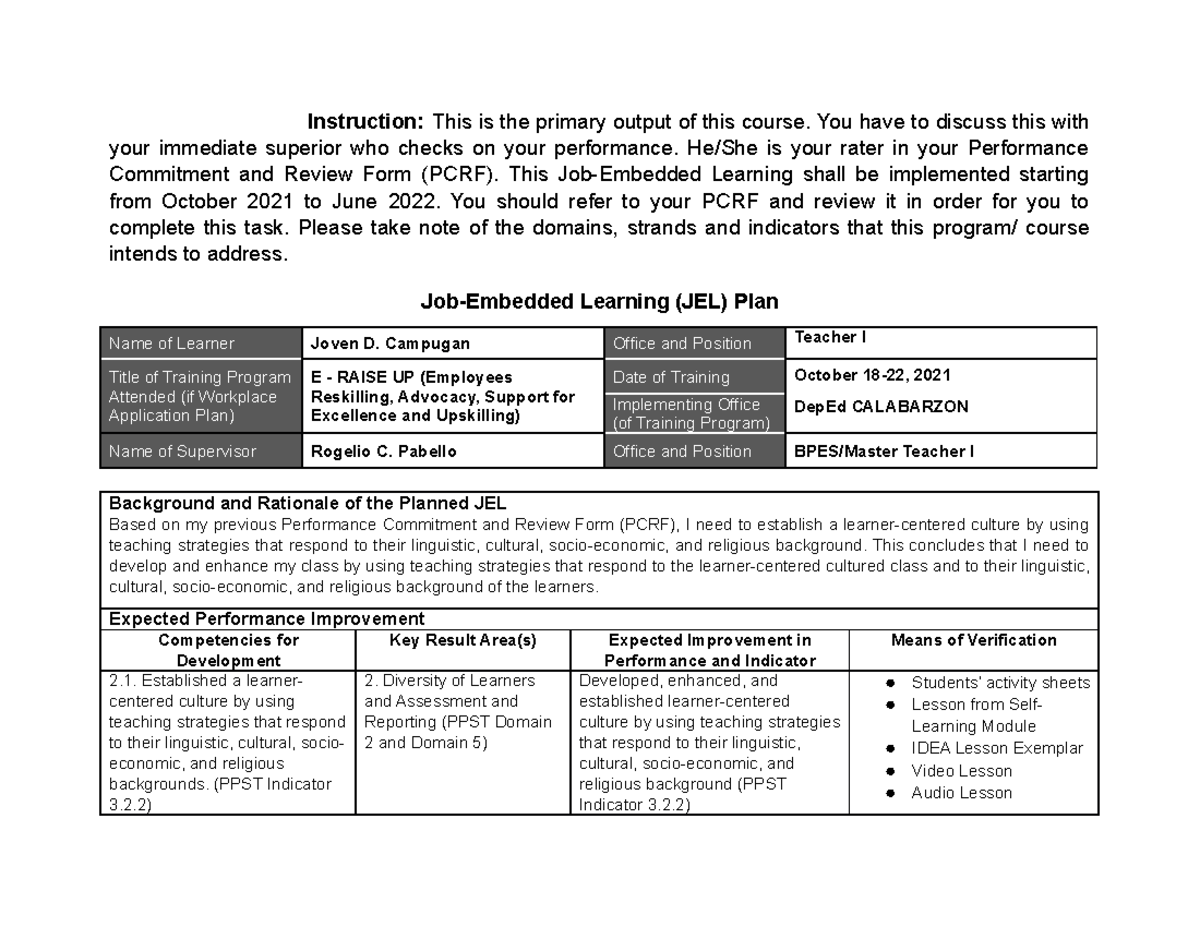 Joven Campugan - Job-Embedded-Learning-Plan - Instruction: This is the ...