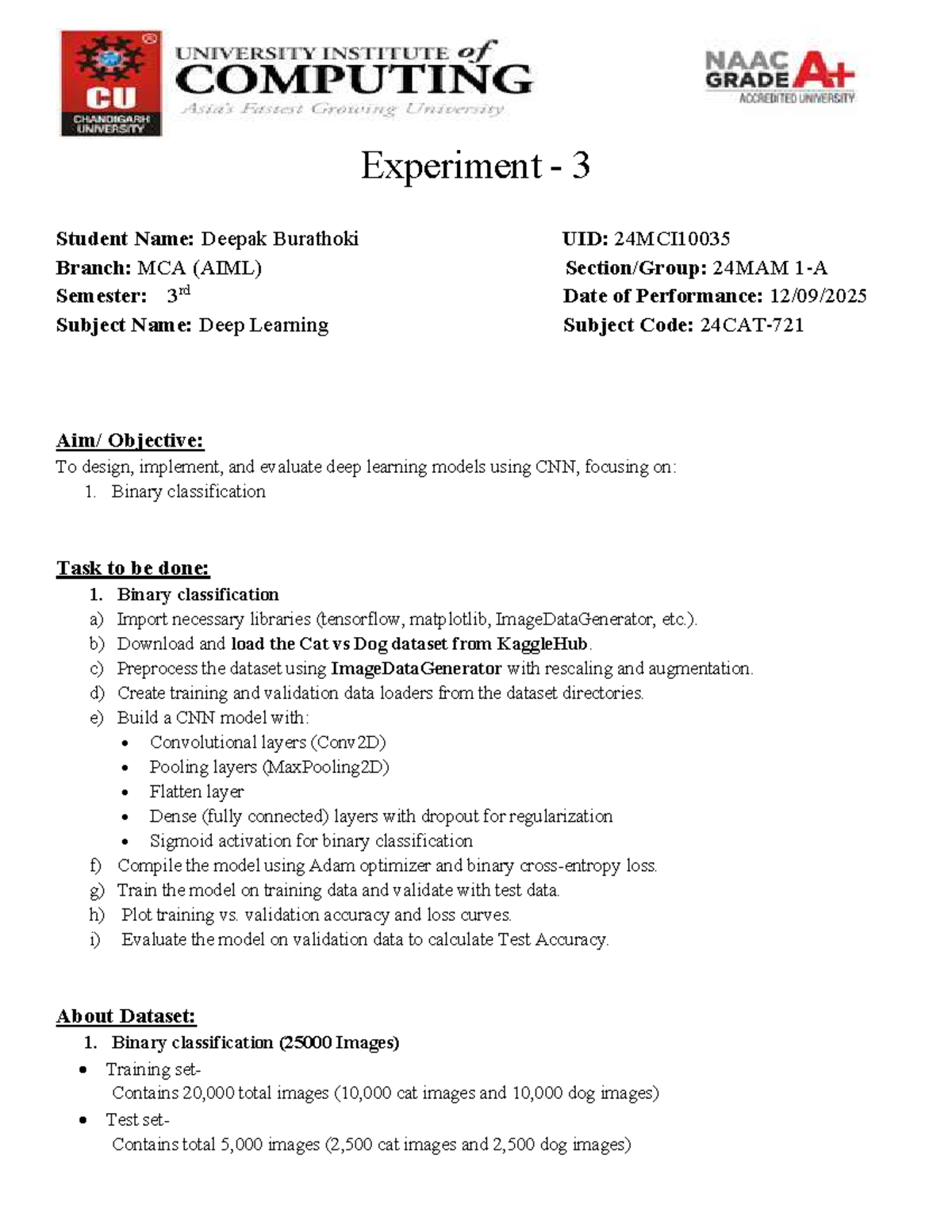 Experiment 3 - Deep Learning CNN Model for Binary Classification (MCA ...